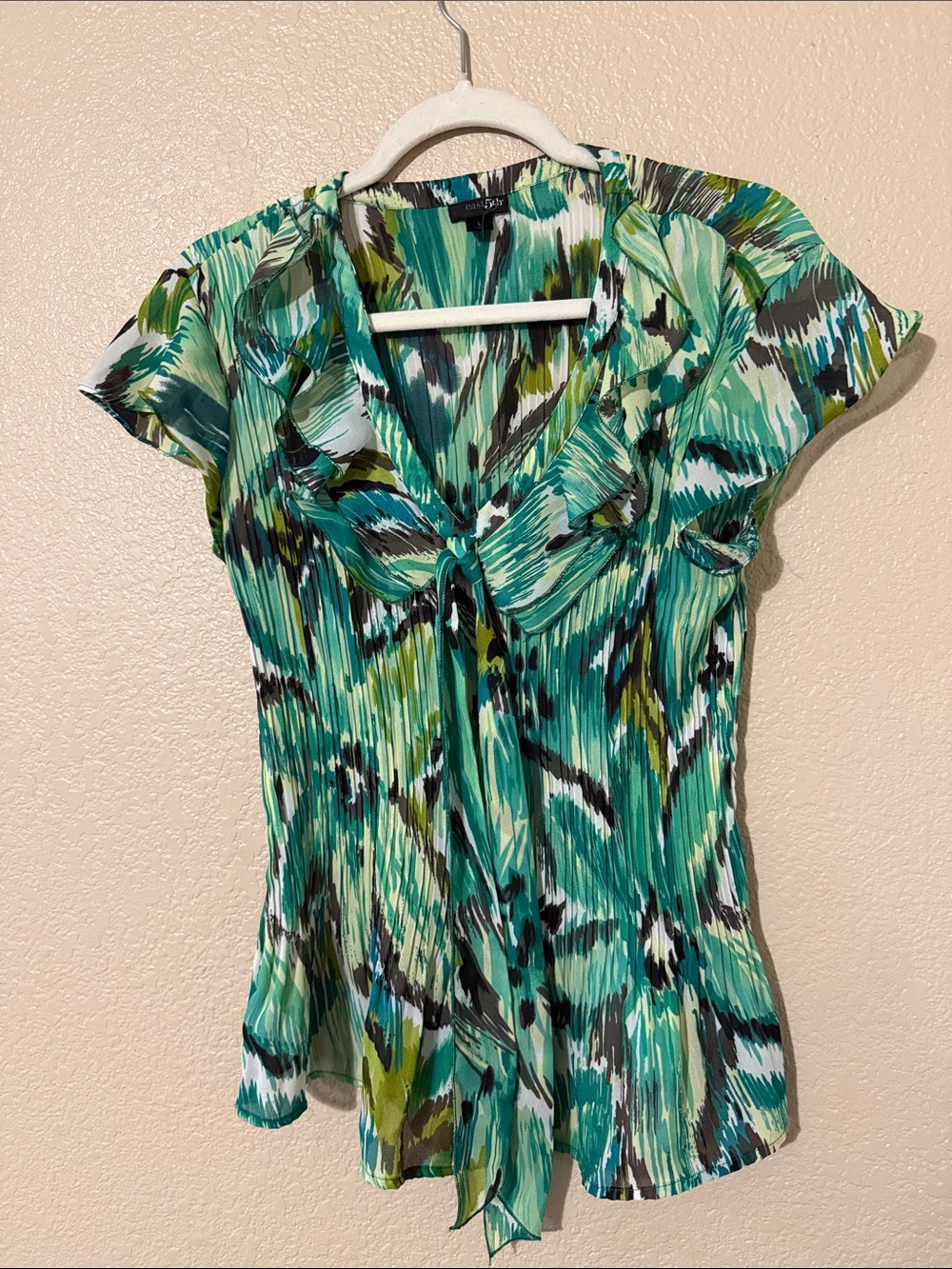 East 5th Teal and Green Abstract Tie-Front Blouse